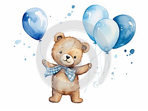 Watercolor illustration of cute funny smile bear toy with blue ballons on white