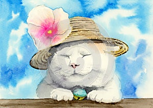 Watercolor illustration of a cute funny white cat in a straw hat