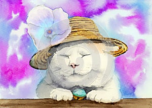 Watercolor illustration of a cute funny white cat in a straw hat with a pink flower