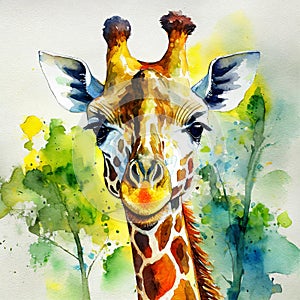 Watercolor illustration of cute giraffe on white background. Wildlife concept. Adorable creature