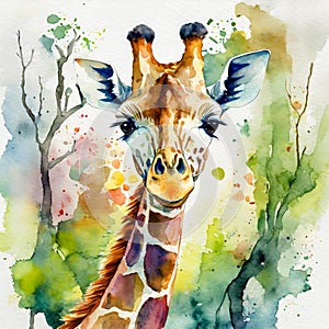 Watercolor illustration of cute giraffe on white background. Wildlife concept. Adorable creature