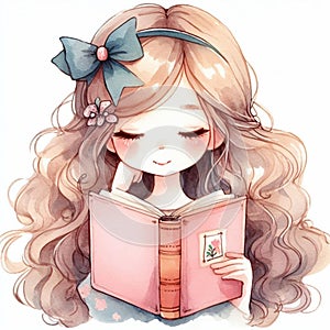 Watercolor illustration of a cute girl reading a book with flowers.