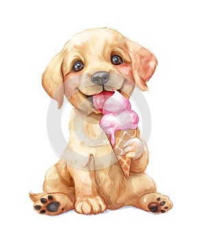Watercolor illustration of a cute golden labrador puppy eating ice cream.