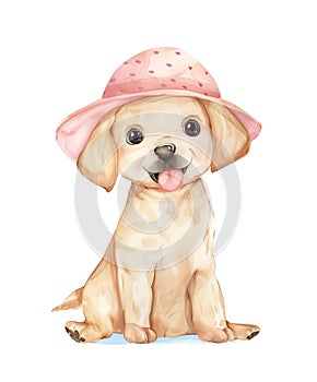 Watercolor illustration of a cute golden labrador puppy wearing pink hat.