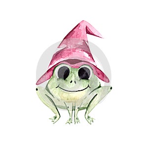 Watercolor illustration with a cute green frog in a witch hat, toad, Halloween.