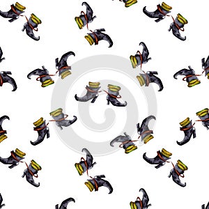 watercolor illustration.cute Halloween seamless pattern of magic witch boots. isolated on a white background