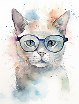 Watercolor Illustration Of A Cute Kitten Baby Cat in Black Glasses On a White Background