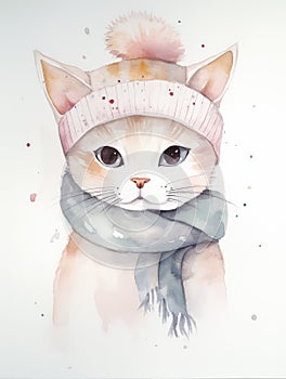 Watercolor Illustration Of A Cute Kitten Baby Cat in a Scarf and Warm Pink Hat On a White Background in Pastel Colors