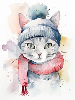 Watercolor Illustration Of A Cute Kitten Baby Cat in a Scarf On a White Background in Pastel Colors