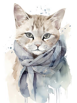 Watercolor Illustration Of A Cute Kitten Baby Cat in a Scarf On a White Background in Pastel Colors