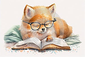 Watercolor illustration of cute little fox wearing glasses reading in bed