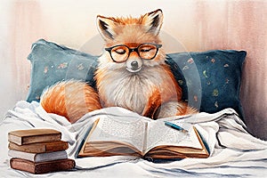 Watercolor illustration of cute little fox wearing glasses reading in bed