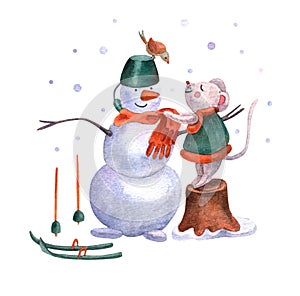 Watercolor illustration of a cute little mouse and a snowman.
