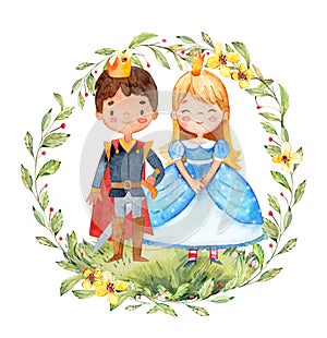 Watercolor illustration of a cute little prince and princess in a blue dress. Little girl and boy surrounded by