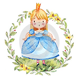 Watercolor illustration of a cute little princess in a blue dress. Little girl surrounded by watercolor wreath. Isolated