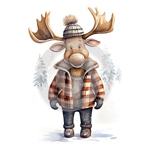 Watercolor illustration of a cute moose wearing a knitted hat, scarf and jacket on a white background