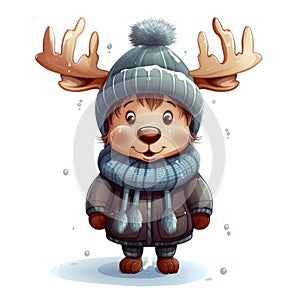 Watercolor illustration of a cute moose wearing a knitted hat, scarf and jacket on a white background.