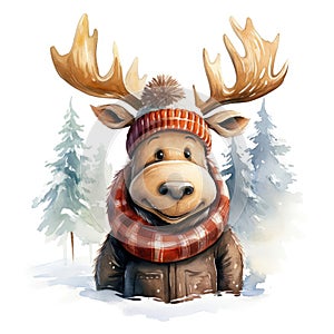 Watercolor illustration of a cute moose wearing a knitted hat, scarf and jacket on a white background.