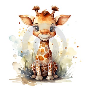 watercolor illustration of cute naive cartoon baby giraffe on white background