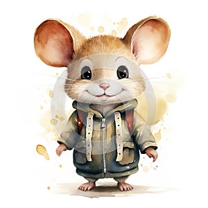 watercolor illustration of cute naive cartoon baby mouse in jacket on white background