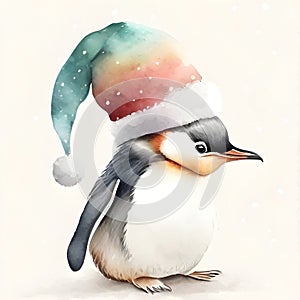 Watercolor illustration of cute penguin wearing colourful hat winter costume on snowing background