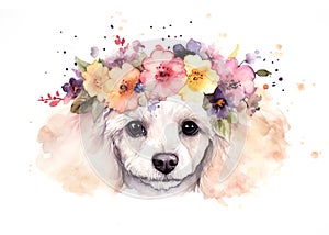 Watercolor illustration of cute poodle flower wreath on the head and splashes of watercolor paint