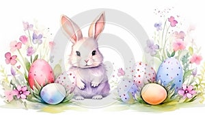 Watercolor illustration with cute rabbit in basket with easter eggs and flower branches