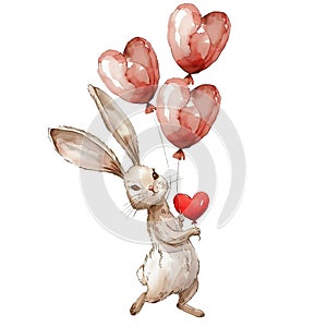 Watercolor illustration of cute rabbit, heart balloons. Cutie bunny, hare portrait. Easter watercolor card with rabbit