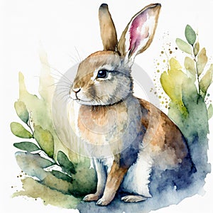 Watercolor illustration of cute rabbit on white background. Wild animal. Wildlife concept