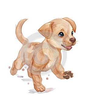 Watercolor illustration of a cute running golden labrador puppy.