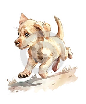 Watercolor illustration of a cute running golden labrador puppy.