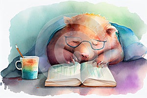Watercolor illustration of cute sleepy wombat wearing glasses, reading in bed