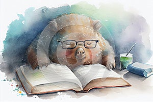 Watercolor illustration of cute sleepy wombat wearing glasses, reading in bed