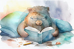 Watercolor illustration of cute sleepy wombat wearing glasses, reading in bed