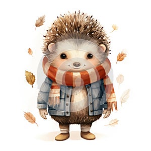 Watercolor illustration of a cute smiling hedgehog wearing a warm hat and scarf on a white background