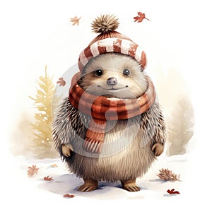 Watercolor illustration of a cute smiling hedgehog wearing a warm hat and scarf on a white background