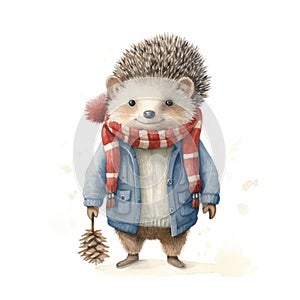 Watercolor illustration of a cute smiling hedgehog wearing a warm hat and scarf on a white background