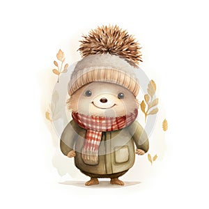 Watercolor illustration of a cute smiling hedgehog wearing a warm hat and scarf on a white background