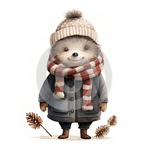 Watercolor illustration of a cute smiling hedgehog wearing a warm hat and scarf on a white background