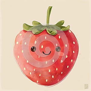 Watercolor illustration of a cute smiling strawberry on a white