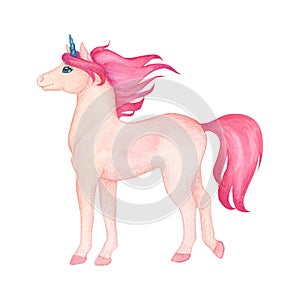 Watercolor illustration of a cute standing unicorn in pink and turquoise colors. Fairy-tale cartoon character