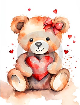 Watercolor illustration of a cute teddy bear in love with big red heart.