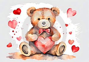 Watercolor illustration of a cute teddy bear in love with big red heart.