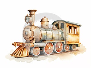 Watercolor illustration of cute train toy in beige colors on white