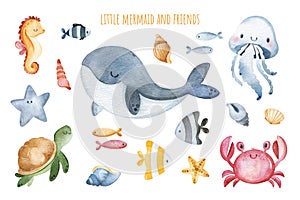 Watercolor illustration with cute underwater animals