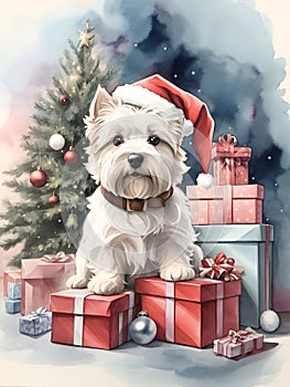 Watercolor illustration of cute West Highland White Terrier dog in Santa Claus hat, sitting among Christmas gift boxes