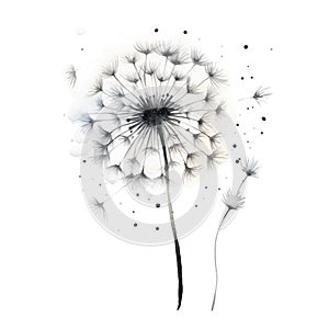 Watercolor illustration of dandelion with flying seeds isolated on white background