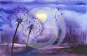 Watercolor illustration of dandelion and their parachutes on the background of a beautiful romantic sunset