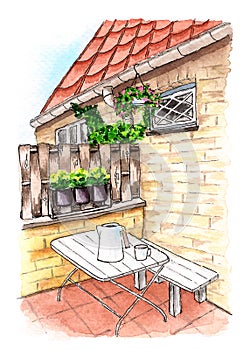 Watercolor illustration of Danish house