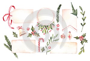 Watercolor illustration. Decorative christmas labels with floral